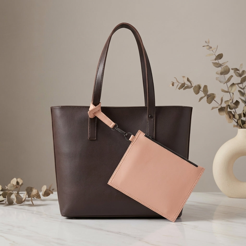 Tote Bag With Detachable Pouch - Dark brown
