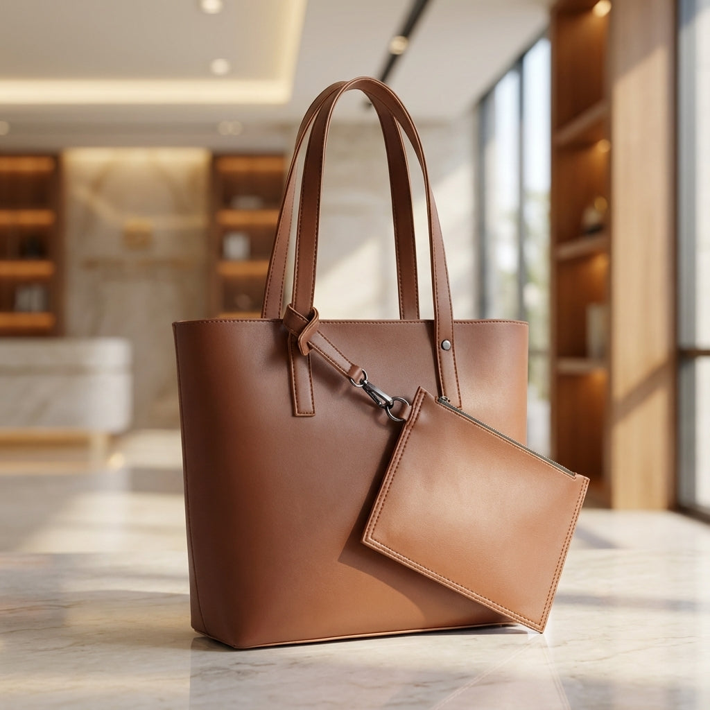 Tote Bag With Detachable Pouch -  Brown